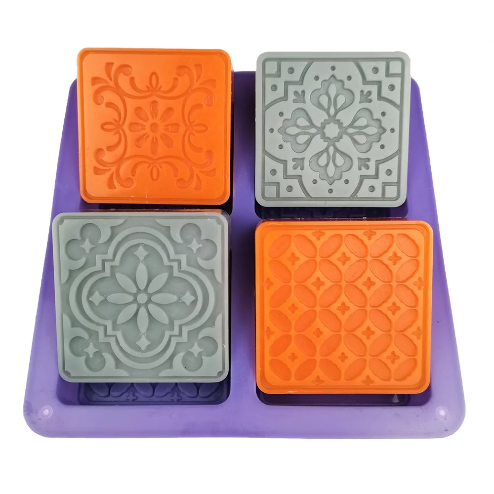 DIY Home Non Stick Mooncake Cake Chocolate Molds 4 cavity   Thicker Flower Pattern Square Silicone Mold for Soap Making