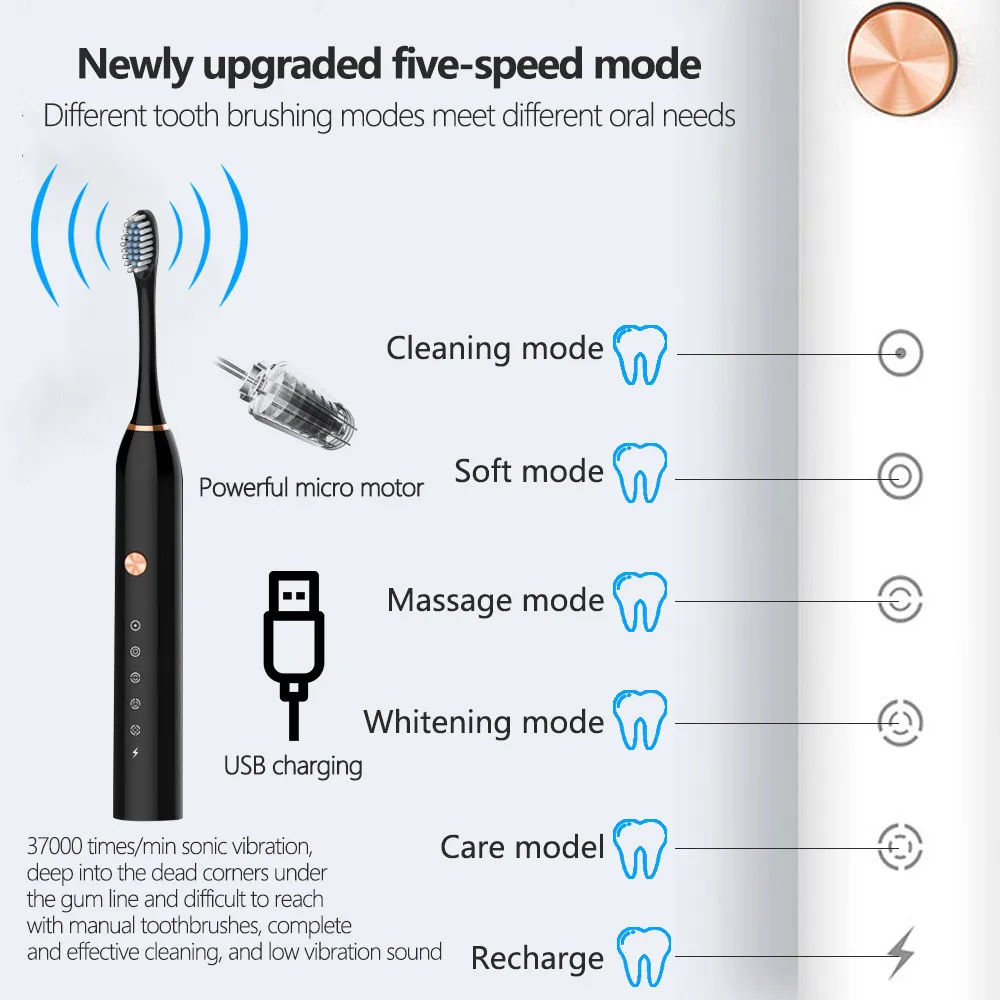 Factory Price Powerful Private Label IPX-7 Adult Automatic Electric Sonic Toothbrush with 6 Modes