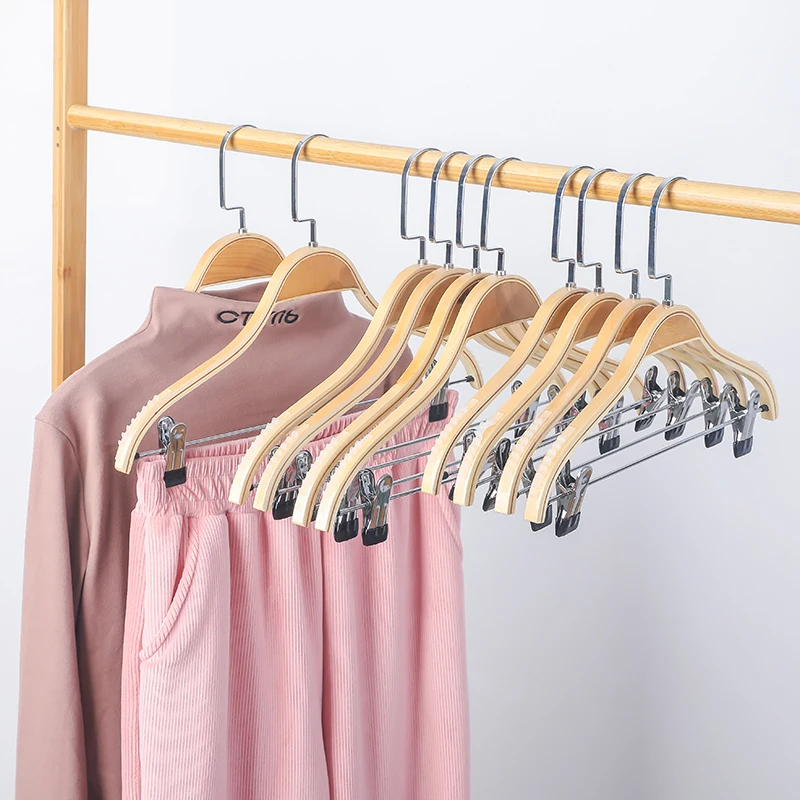 Laminated fancy anti-slip wooden clothes hanger with metal clips hook
