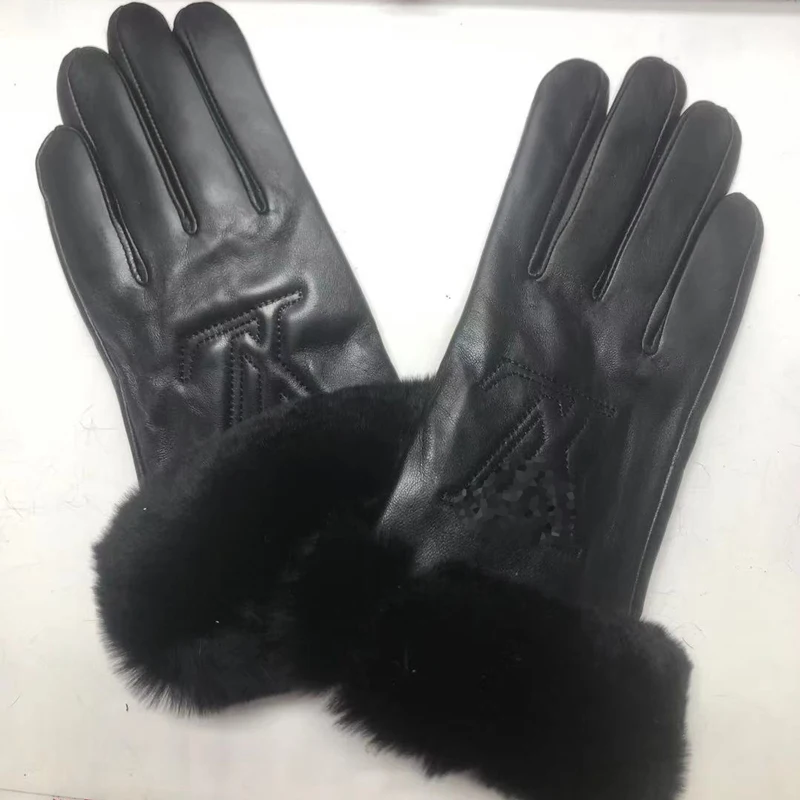Fashion Ladies Sheep Leather Gloves Touch Screen Rex Rabbit Plush Brand Winter Warm Luxury Genuine Leather