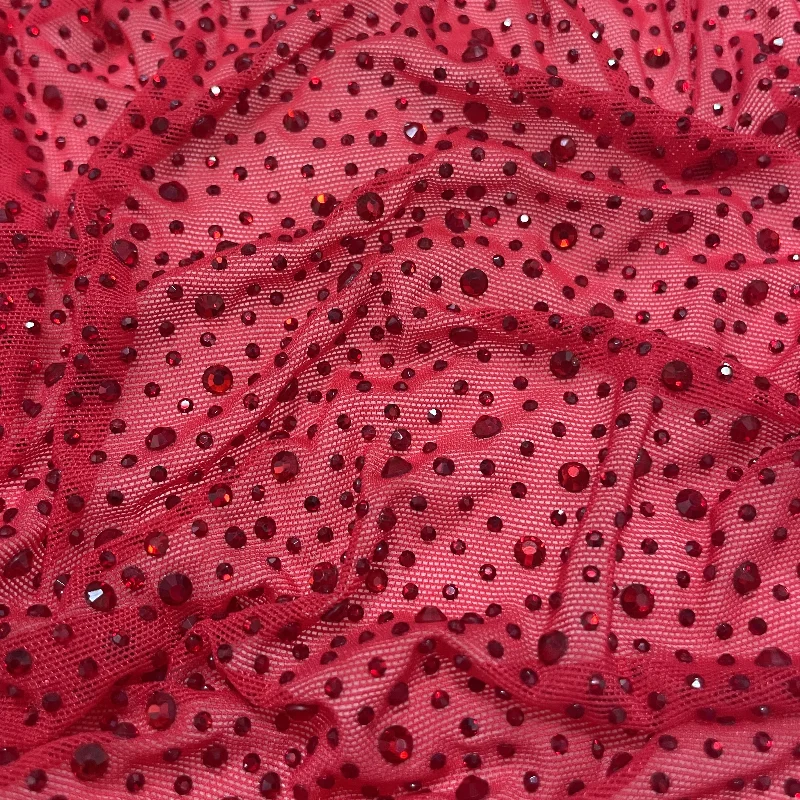 Dress Production Accessories Gorgeous Red Crystal Multi-size Rhinestones Power Mesh Fabric