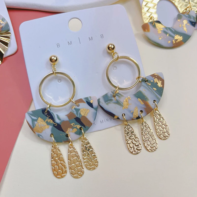 New Designer Metal Dangle Earrings Jewelry Handmade Gold Foil Polymer Clay Drop Earrings For Women Abstract Pattern Clay Earring