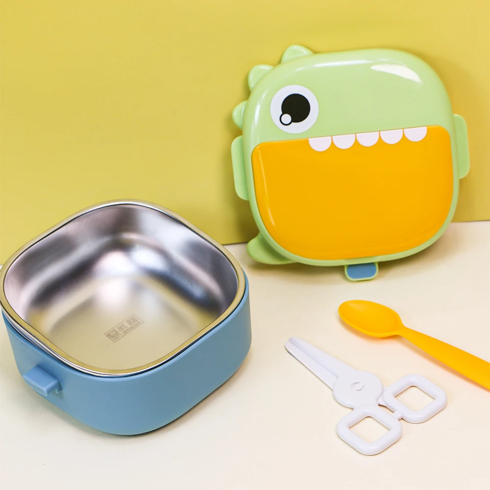 Plastic Stainless Steel Baby Feeding Product Tableware Food Warmer Bento School Lunch Insulated Bowl Set With Lid Spoon For Kid