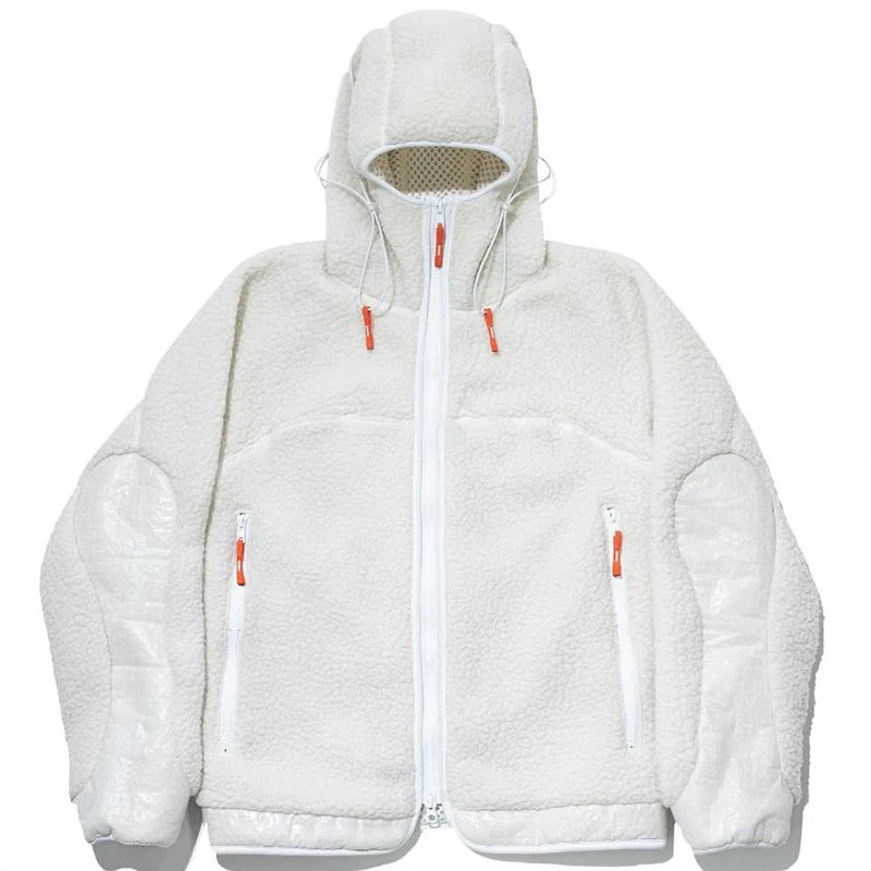 Unisex Luxury Winter Fleece Jacket with Stand Collar Logo Decoration Breathable Fabric Long Sleeve Micro Polar for Men White