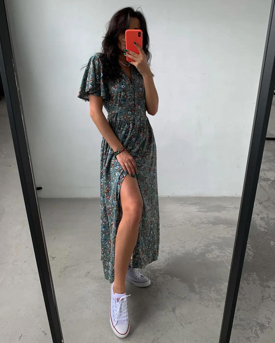 Flared Sleeve Vintage Style Floral Print Slit Women Dress Casual Design Women V Neck Dress