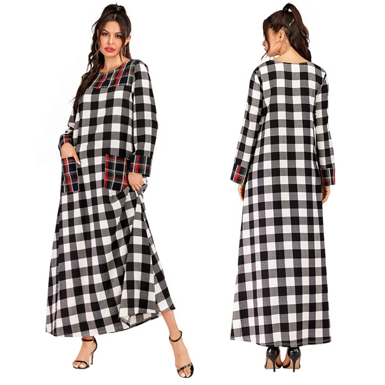 Islamic Dress Muslim Women Clothing Best Sale Fashion Elegant Muslim Stitching National Style Vintage Double Pocket Plaid Spring