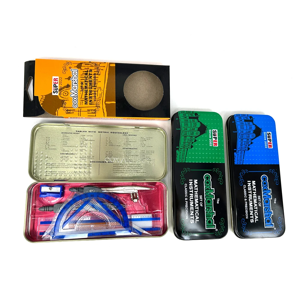 2024 New Style 9pcs School Stationery Mathematical Set Metal Geometry Box Math Set