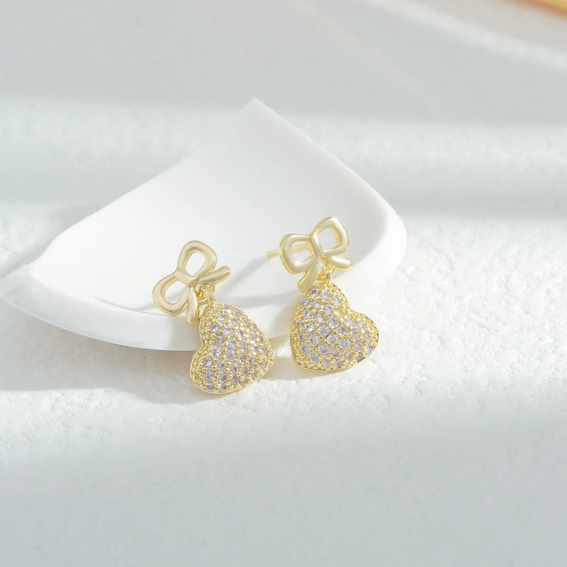 ED80295 Korean fashion gold plated women jewelry diamond heart drop bowknot stud earrings