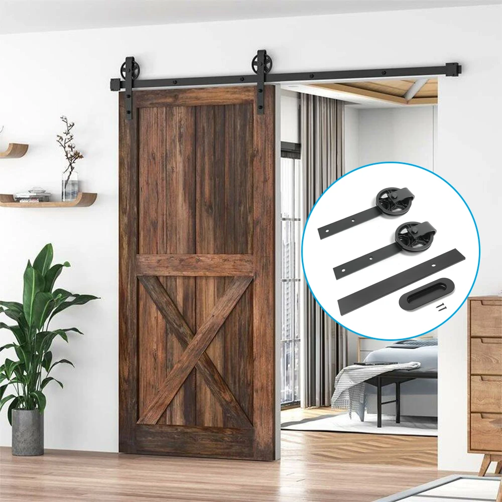 Modern Style Single Wood Barn Door Kit with Soft Close Roller Track Sliding System Rail Hanging Hardware for Barn Door Slide