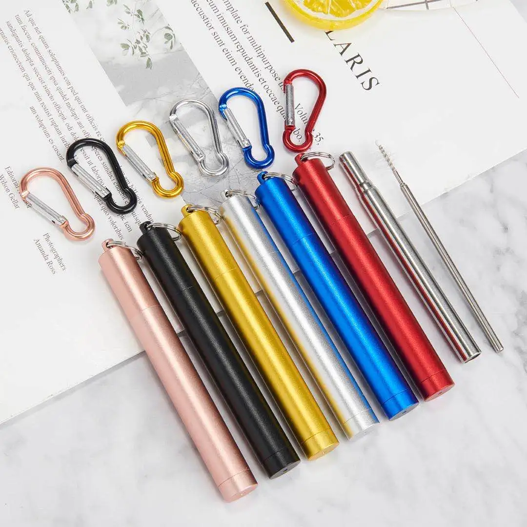 Collapsible Eco-Friendly 304 Stainless Steel Silicone Reusable Straws Telescopic Design with Case for Wine Beer Straight Pattern