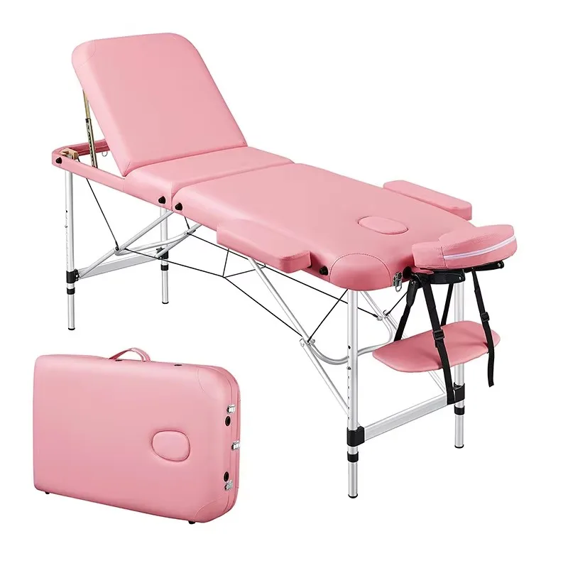Portable 3-Section Lightweight Pink Salon Furniture Better Quality PU Massage Table Stretcher