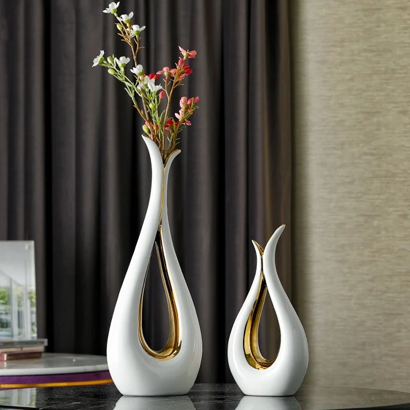 Luxury Swan Neck Design Household Tabletop Gold Decorative Ceramic Flower Vase