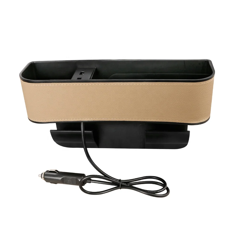Leather Car Seat Side Gap Organizer Box with Dual USB Interface and Cup Holder