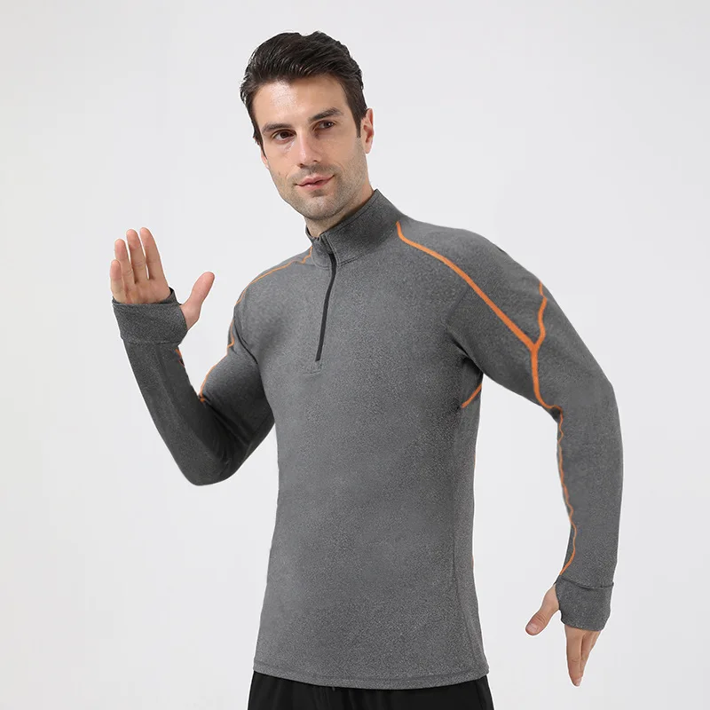 Half Zip Fitness Wear Quick Dry Mens Athletic Workout Clothing T Shirts Running Fitness Long Sleeve Shirt Gym Sport Tops