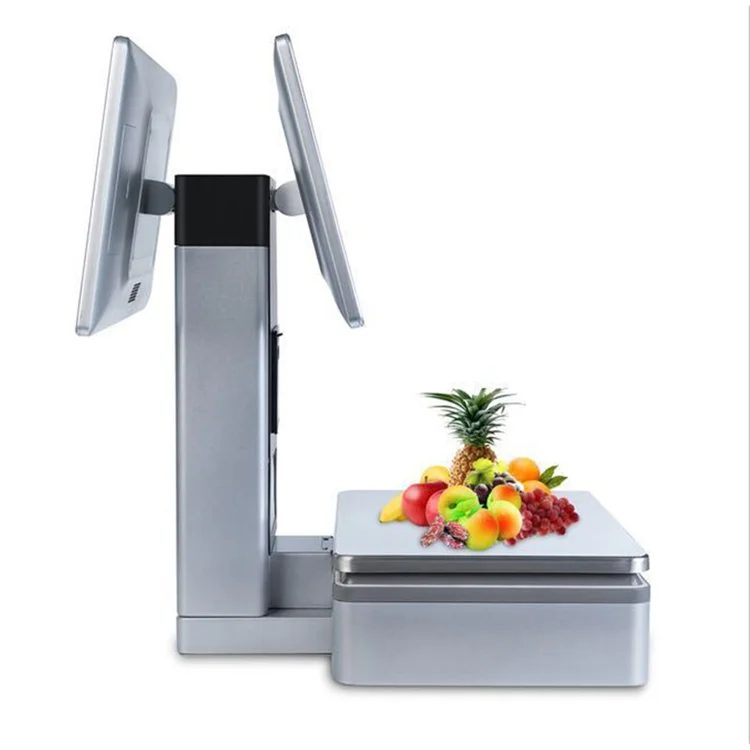 ai All-in-one pos dual touch screen scale 15kg 30kgs electronic weighting scale with built-in thermal printer for supermarket
