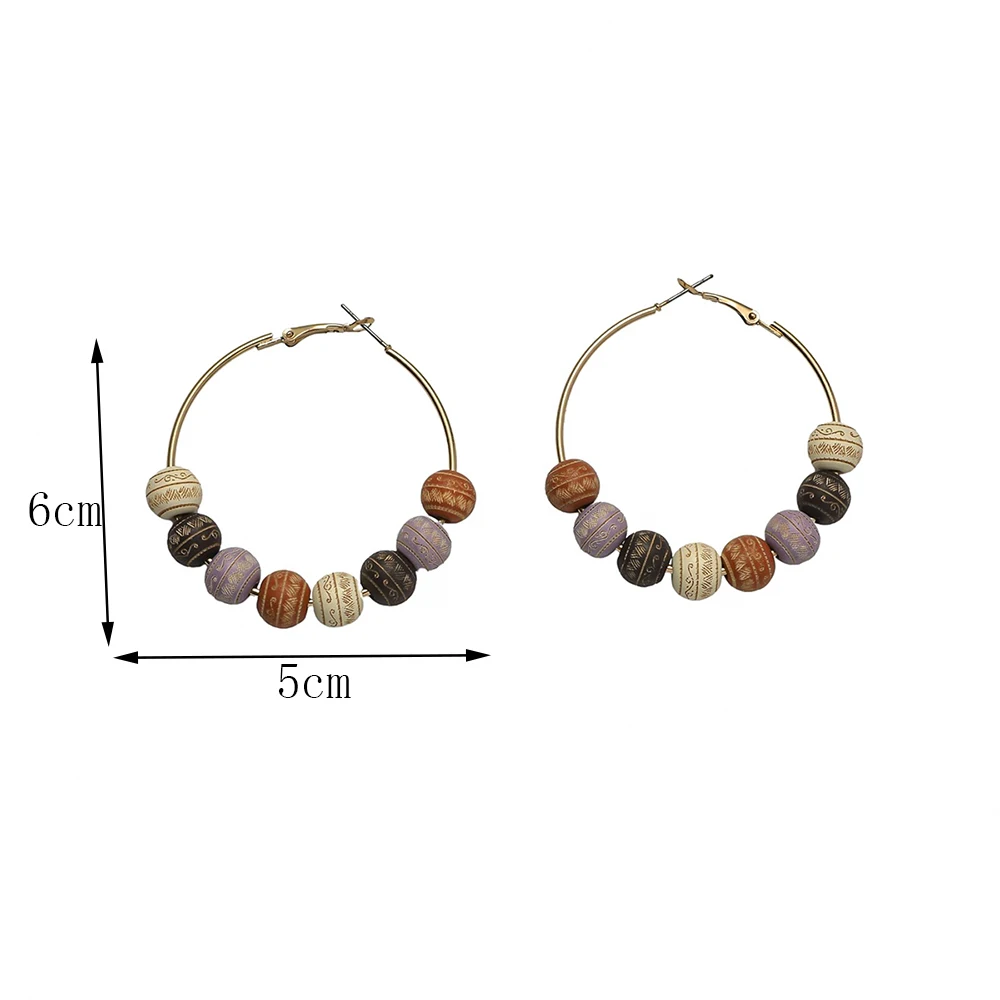 Bohemian Pop Large Ring Hoop Earrings Creative Colorful Printing Lettering Wooden Beads Stud Earrings For Women