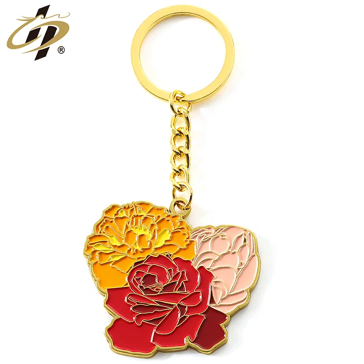 New selected factory quality gold plated soft enamel keyring custom cute flower metal keychains with logo