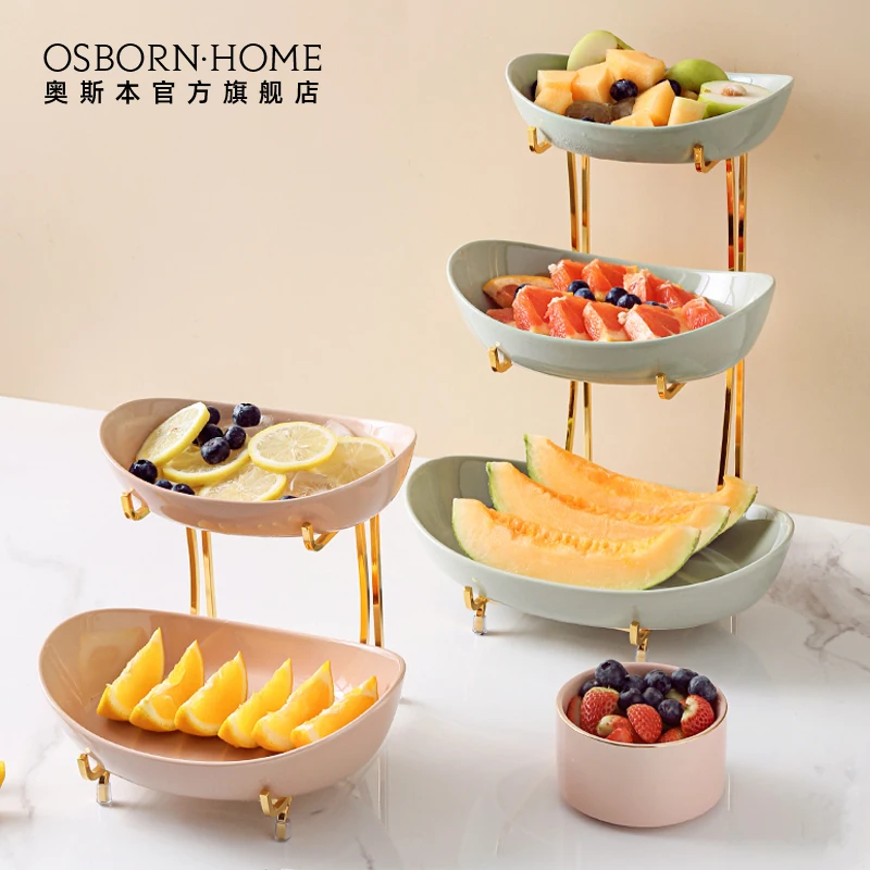 OSBORN Coffee shop Three Tier ceramics Standing Snack fruit Dish plates with Gold Rack