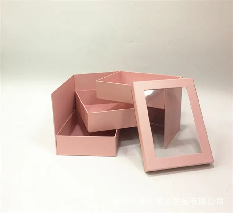 Spot rectangular three-layer rotating gift box PVC window transparent flower box with hand flowers gift box