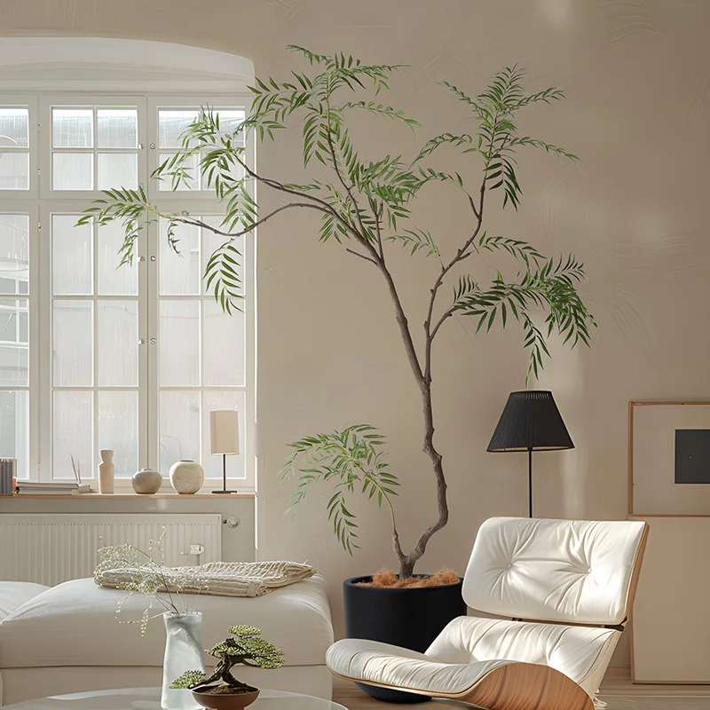 Yellow Bark Artificial Cork Tree with Fine Leaves for Home Indoor and Outdoor Decor Realistic Green Leaves