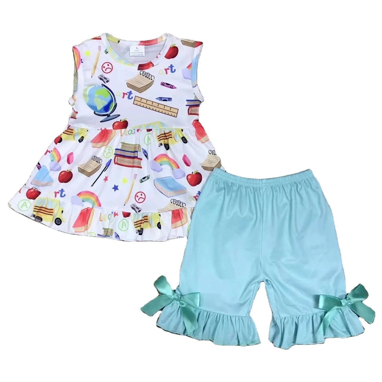 Hot Sale Girls Blue and White Set Sleeveless Shorts Set Back to School Wholesale Outfit