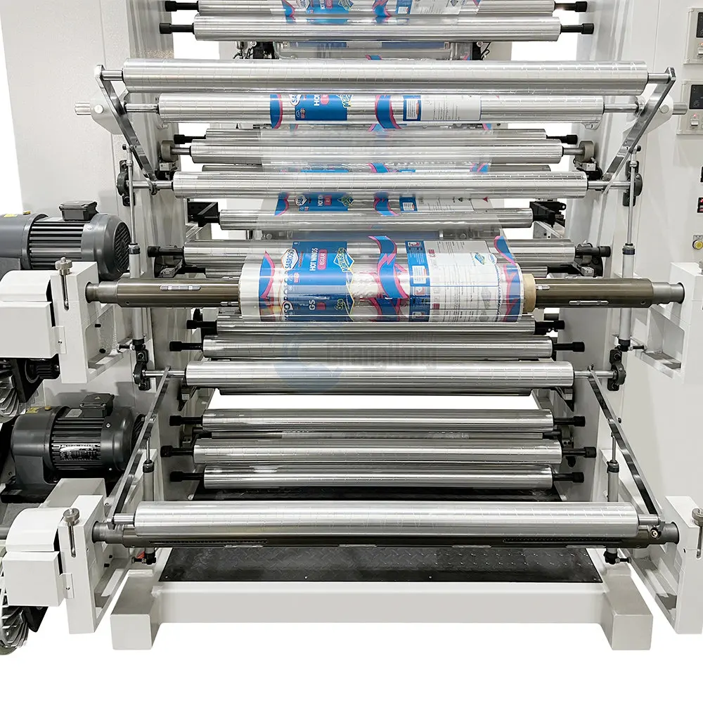 6 Colour Flexo Printing Machine Metal Anilox Rollers Double Rewind and Unwind Design ChangHong Stack Type 80m/min Speed