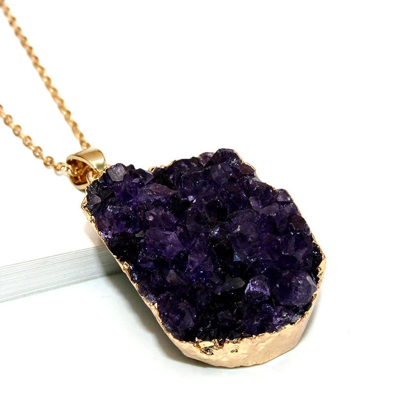 Raw Freeform Amethyst Druzy Irregular Stone Jewelry Pendant Dark Amethyst Quartz Crystal Tooth Plated Gilt Necklace Gold Pendant