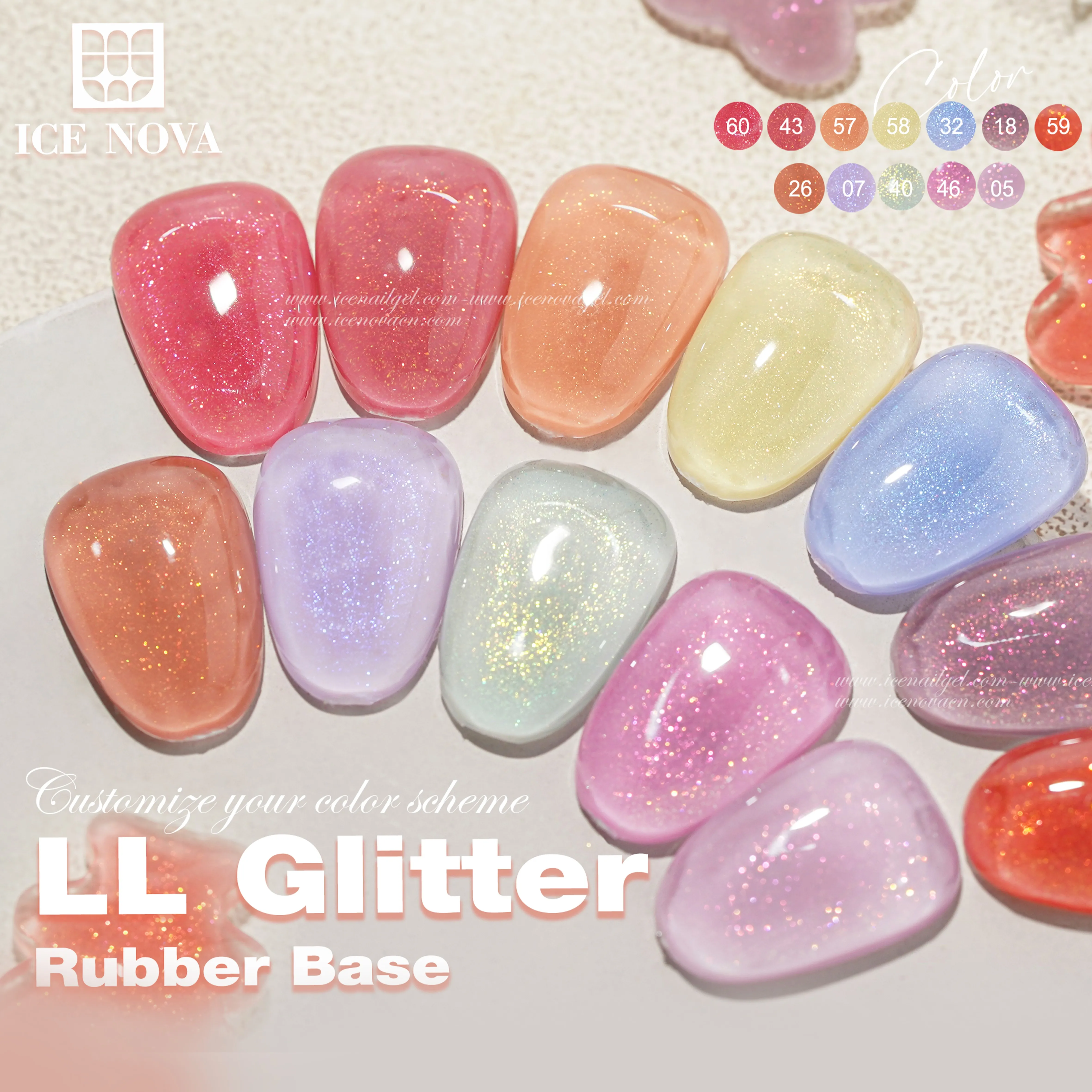 LL Glitter Rubber Base Uv Gel 60 Colors Transparent Nu de Gel Polish Soak Off Bbest Quality Natural Gel Rubber Base Coat