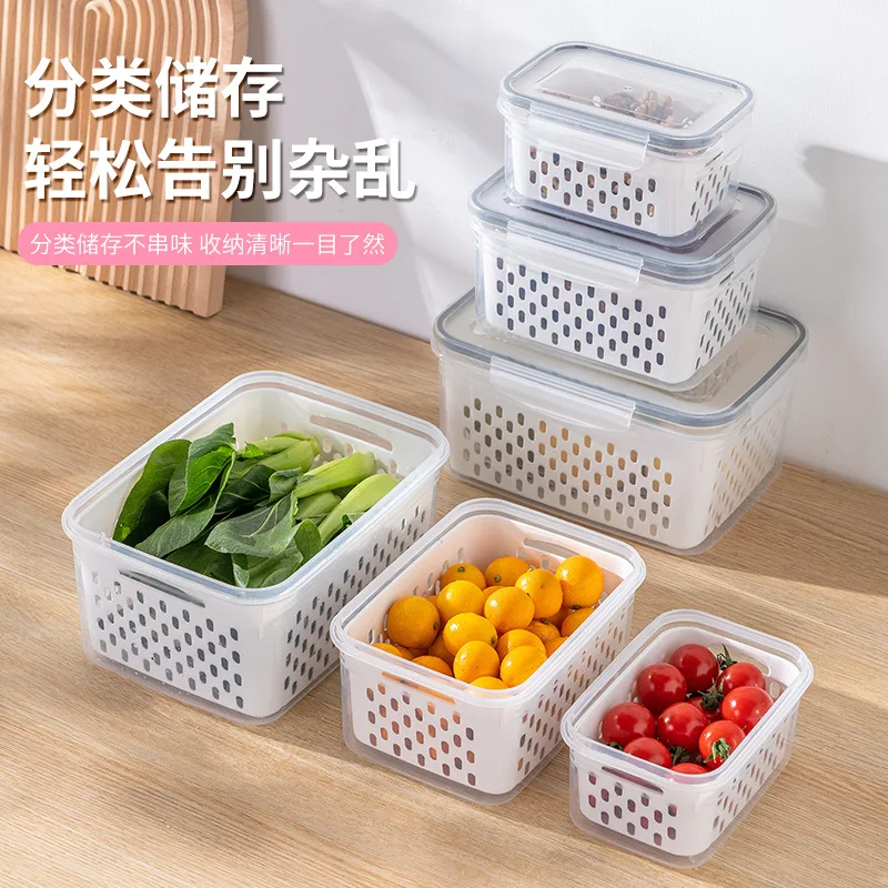 3 Pack Fridge Food Storage Container Set with Lid with Strainer Plastic Fresh Produce Saver Vegetable Fruit Storage Organization