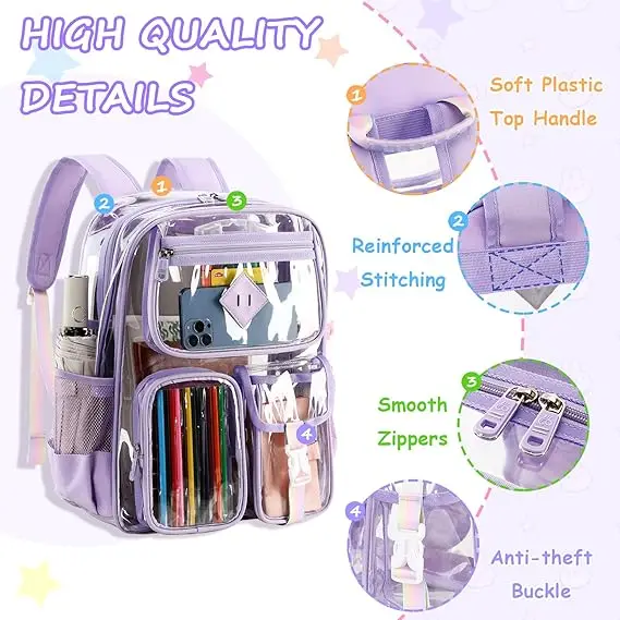 Clear Backpack Heavy Duty PVC Transparent Bookbag for Girls Stadium Approved See Through Backpack