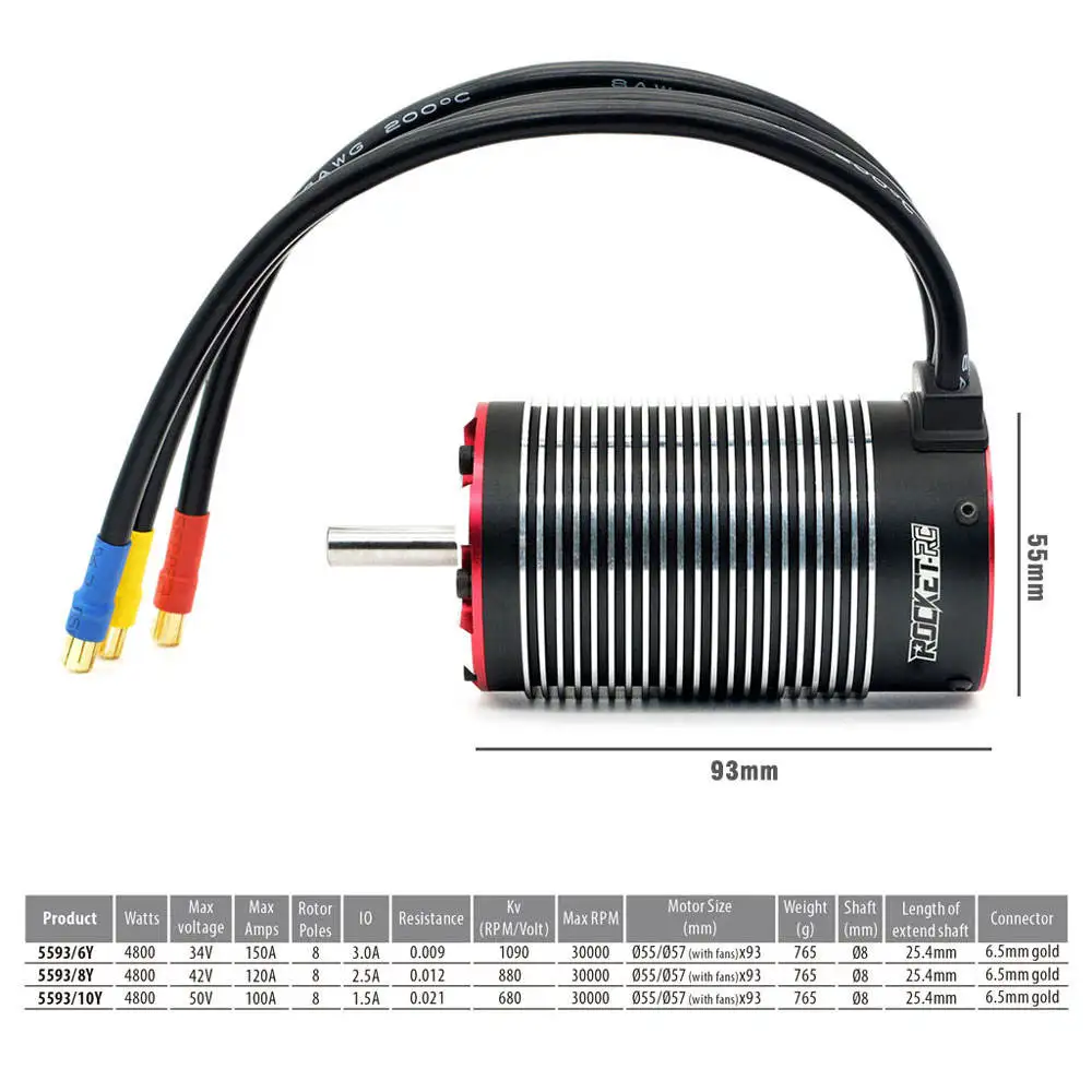 Rocket-RC 5593 680KV/880KV/1090KV Brushless DC Motor w/Temp Port for 1/5th 1/6th 1/7th RC Buggy Baja Car