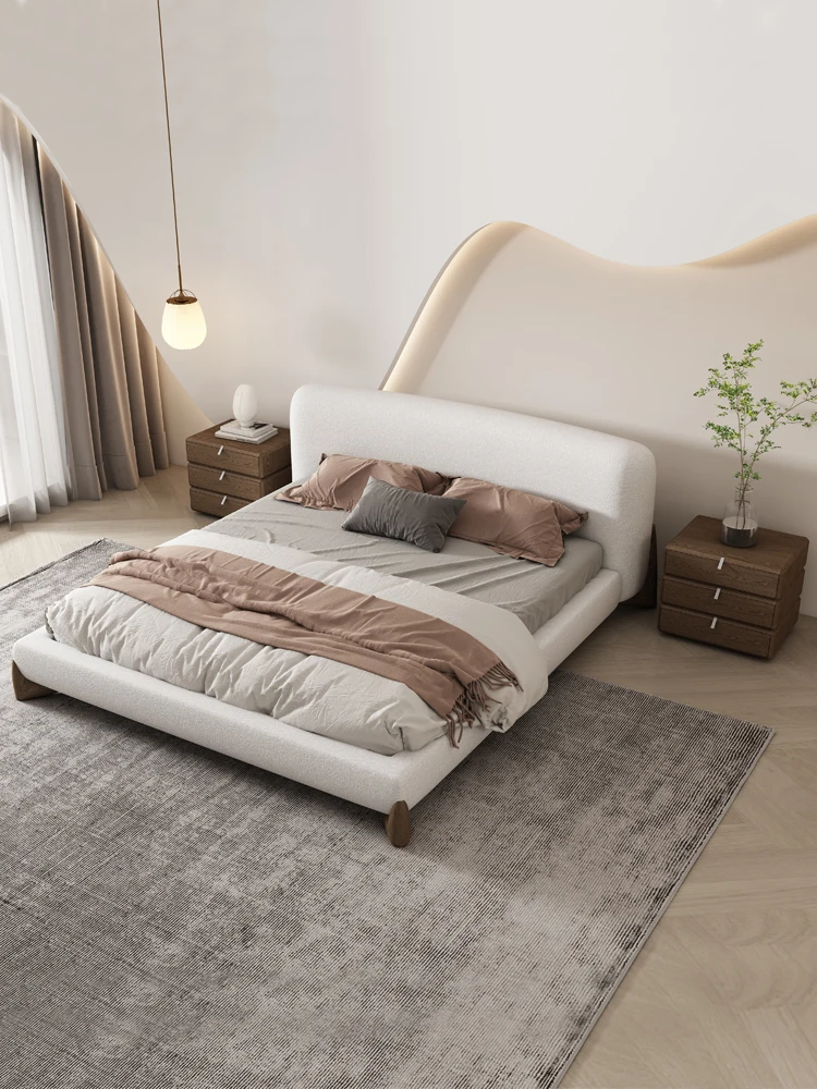 Latest Italian 2022 White Fabric Upholstered King Size Bed Set Walnut Solid Wood Furniture Bedroom