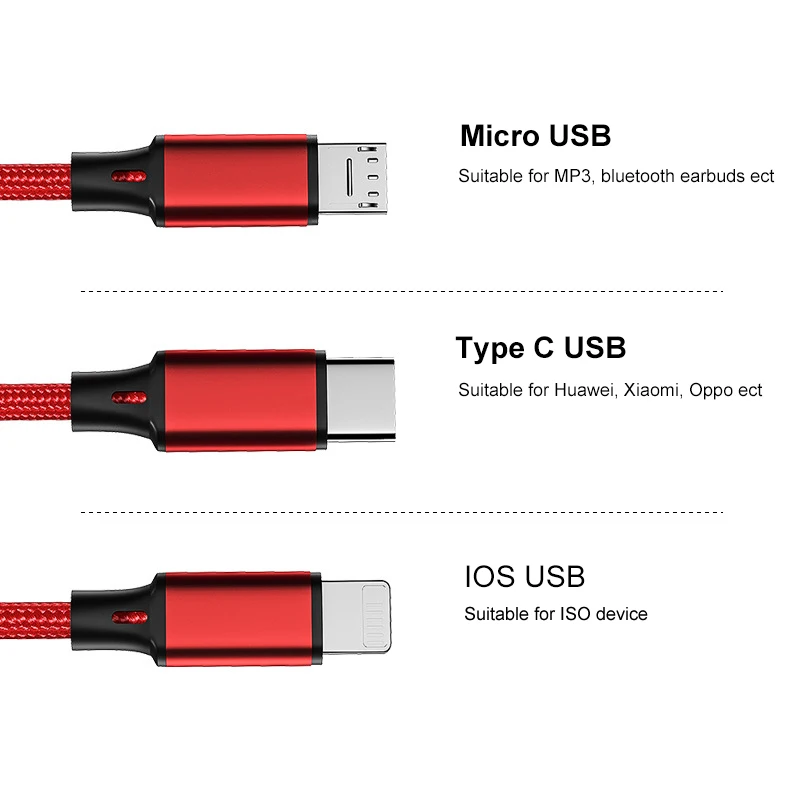 Factory Price 3 In 1 USB Charging Cable For Type-c Android Multi Cord Fast Charger Cable Mobile Phone Tablet Charging Cable