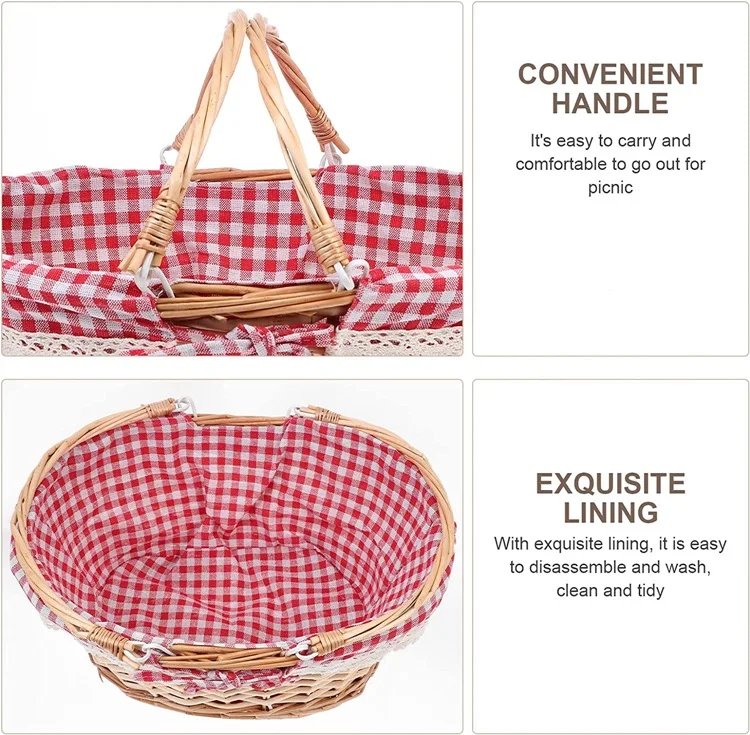 Large decorative natural empty oval wicker picnic basket with handle