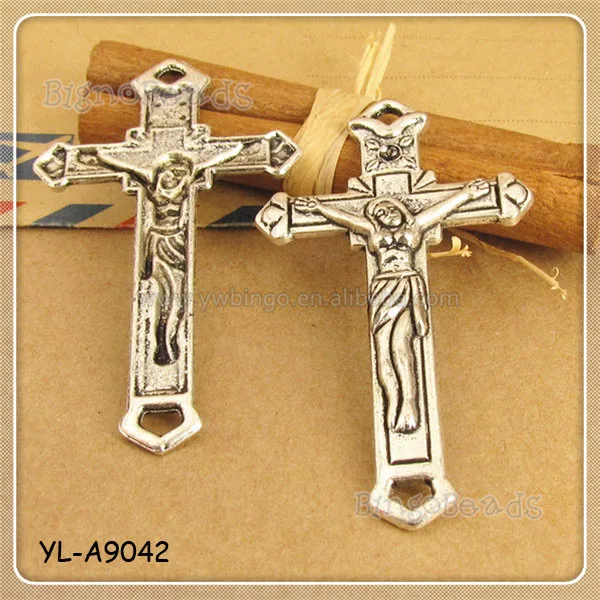 Silver Brass Filigree Cross Jesus Charm COnnector Religious Crafts Findings YL-A9042