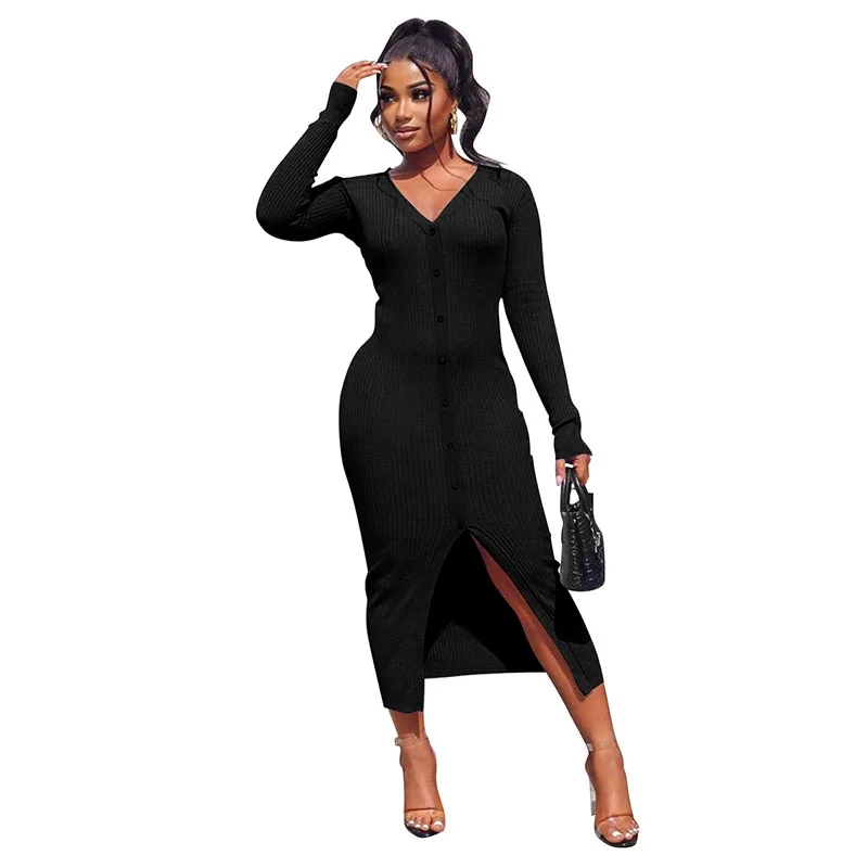 Amazon Hot Sale Autumn Winter Sexy V Neck Rib-Knit Button Trim Front Split Bodycon Midi Dress For Women