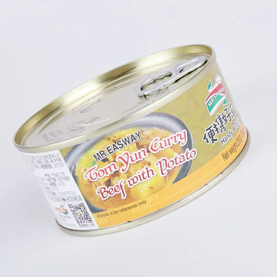 
 Недорогая консервированная говядина с карри 250 г, мясные продукты, приготовленный обед, фаст-фуд  