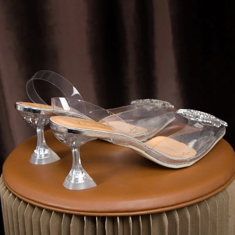 Womens Heels New Pointed Straight Sunflower High Heels Transparent Crystal Shoes Thick Heels Wine Glasses Sandals For Women