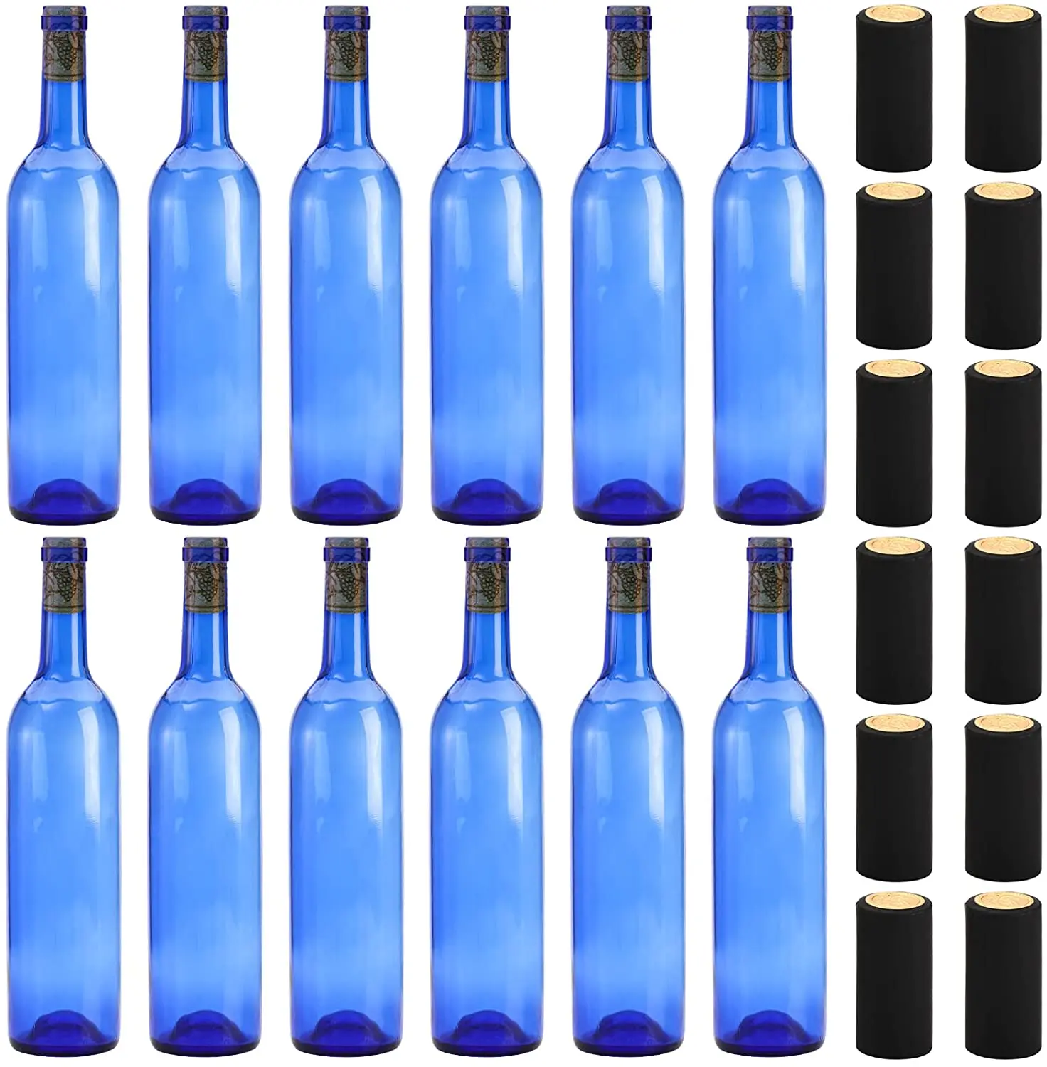 750ml Glass Empty Bottles Cobalt Blue Bottles with Corks and PVC Shrink Capsules Flat-Bottomed Empty Bottles for Beverage Drink