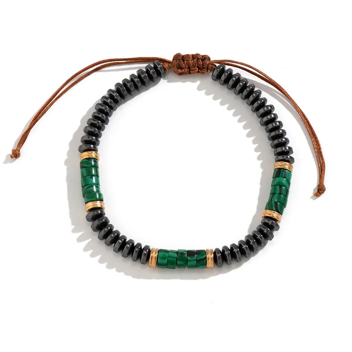 Fashion Statement Hip Hop Men Handmade Woven Adjustable Flat Round Spacer Beads Hematite Turquoise Stone Beaded Bracelet for Man