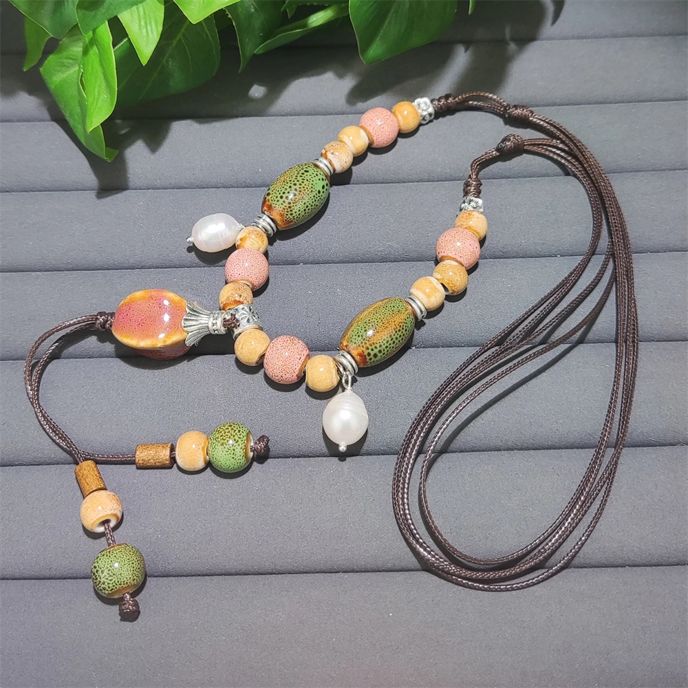 Fashion Jewelry Bohemian Style Handmade Braided Ceramic Beads Sweater Necklace Long Tassel Hand Knotted Rope Necklace With Pearl