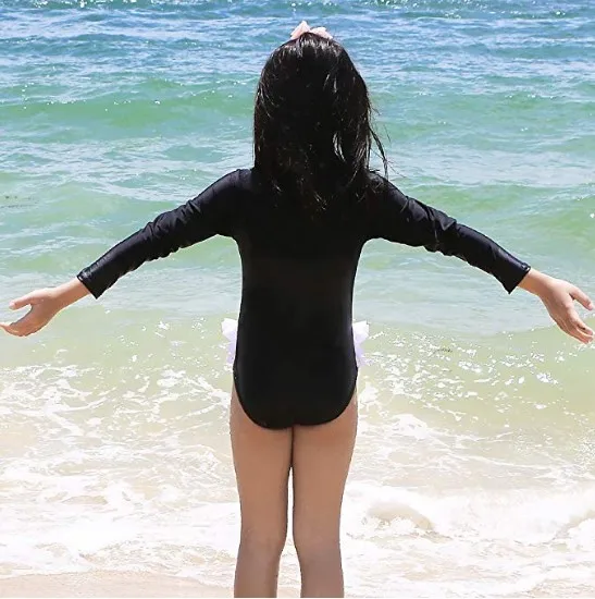 Kids Girls Rashguard Swimsuit UV 50+ Long Sleeve One Piece Black Swan  Swimwear 4-11Y