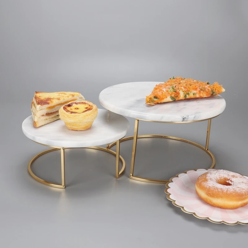 Restaurant Hotel cake shop natural marble handicraft electroplated gold silver fruit plate meal plate cake plate