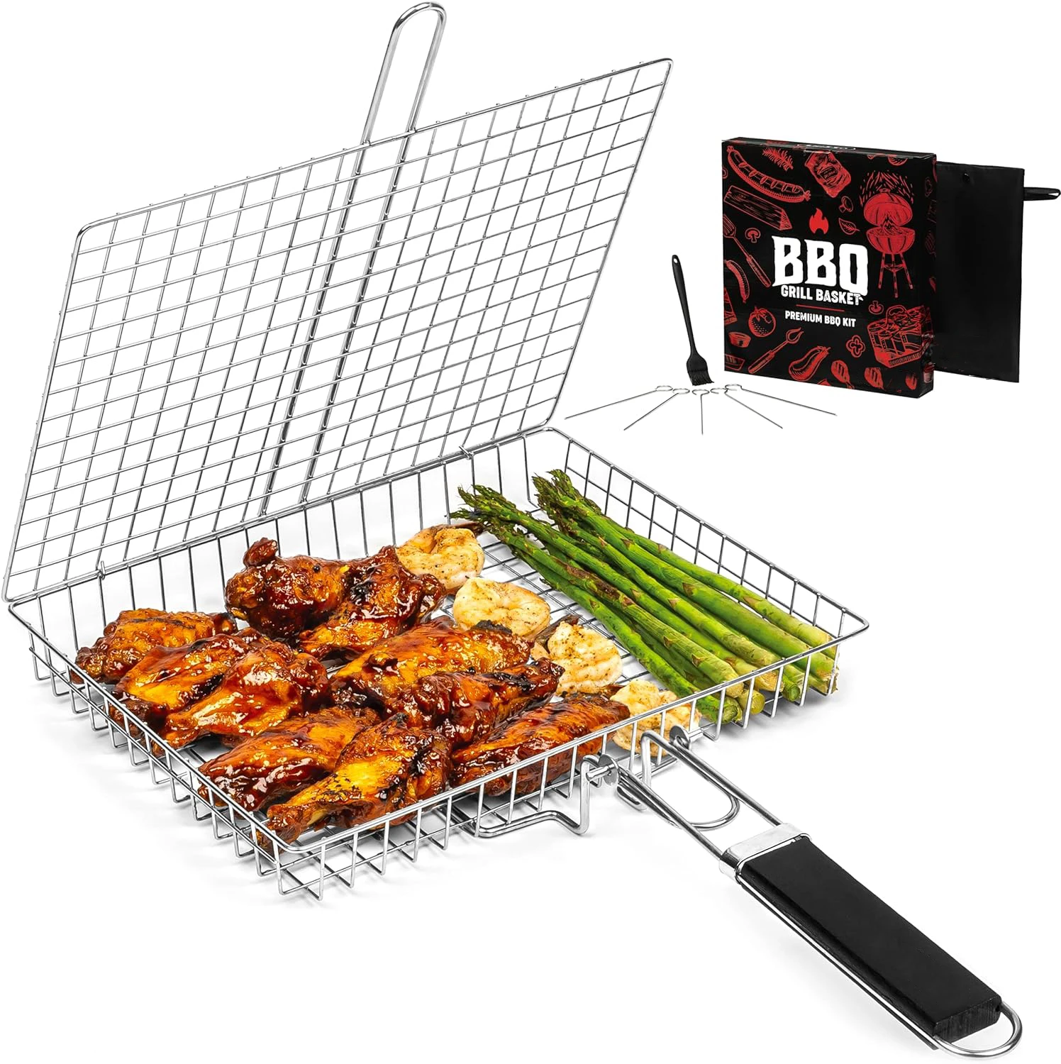 [AMZ HOT Sale]Rotisserie Grilling grill Basket Ever Outdoor BBQ Cage Stainless Steel Barbecue Mesh Meat Vegetable Grill Basket