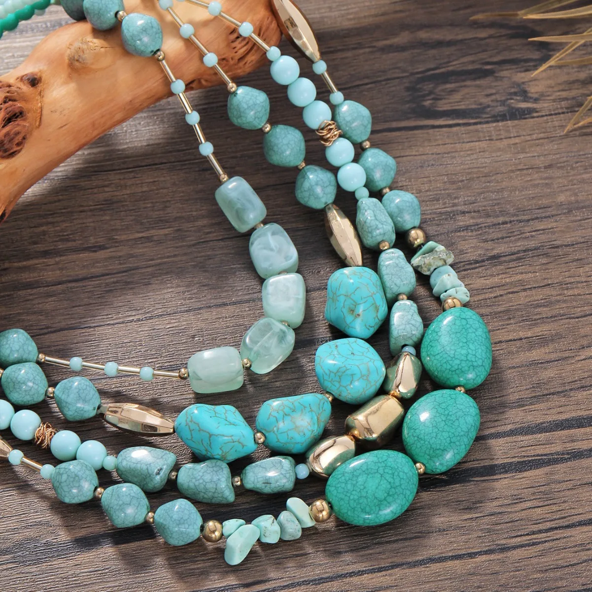 Bohemian Natural Turquoise Necklace Multilayered Gold Plated Irregular Bead Necklace For Women Girls Jewelry Gifts