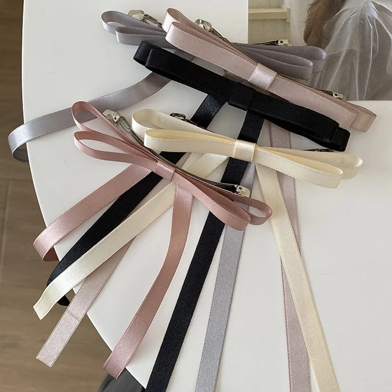 Korean Ballet Style Bow Long Ribbon Hair Clip Elegant Satin Bow Hair Barrette Hair Ties