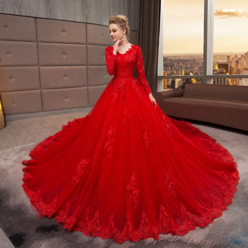 Delicate Long Sleeve Red Lace Petal Wedding Dresses Sequined Bridal Gowns