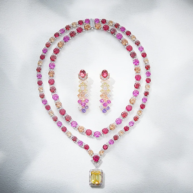 trendy bridal jewellery luxury yellow cz diamond pendant necklace set with earrings for women charm ready to ship