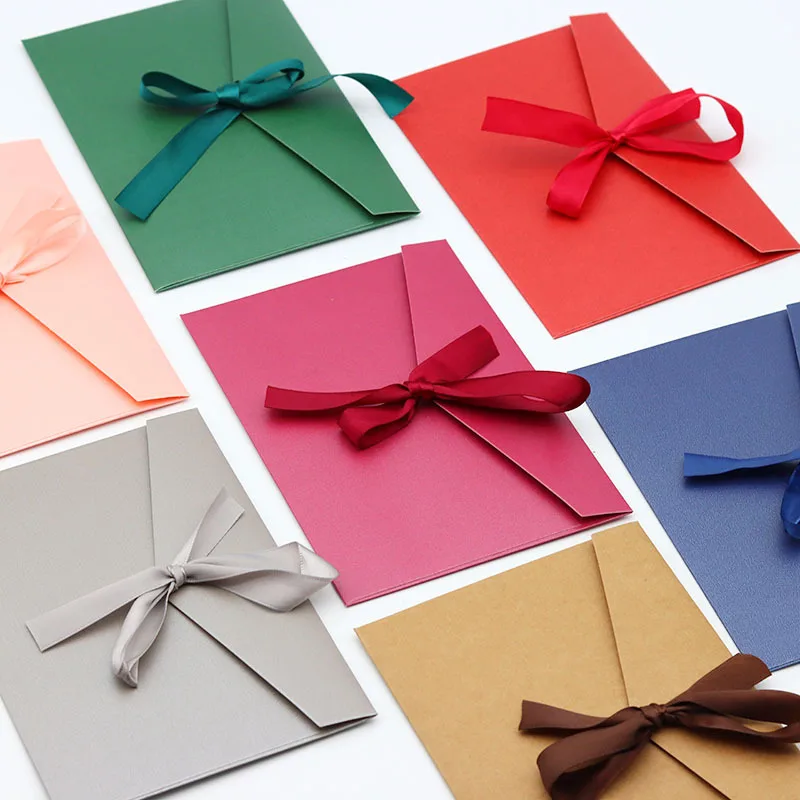 Customized logo printed pearl paper envelope memorial festival wedding gift card holder business envelope with ribbon bowknot