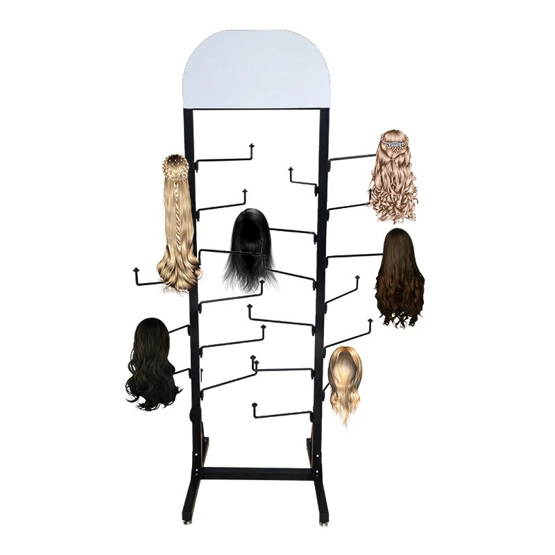 Hot Selling Multi-layer Metal Black Wig Display Stand with Hooks for Wig Stores, Braiding Hair Rack